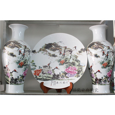 景德镇粉彩陶瓷六鹤花瓶摆盘三件套 创意家居的艺术臻品