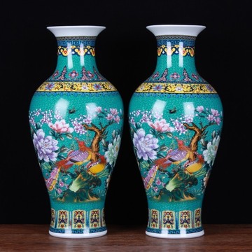 景德镇陶瓷花瓶珐琅彩绿色花鸟冬瓜瓶工艺品客厅家居摆设摆件批发